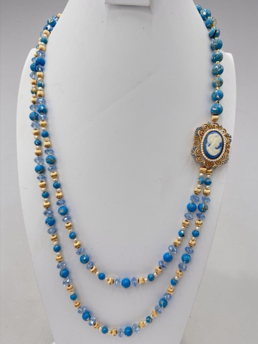 Handmade Artisan Blue Cameo MultiStrand Necklace Gold Filled Beads Genuine Pearl